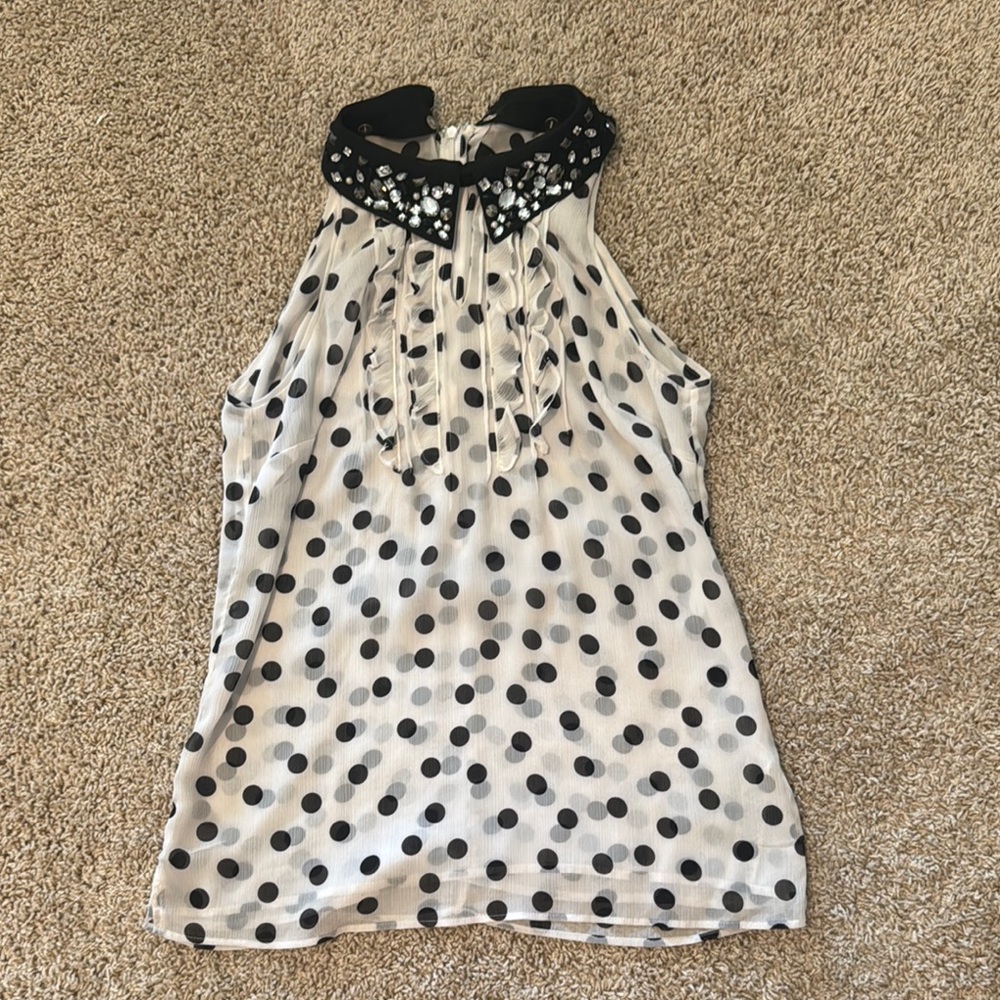 Polka Dot Sleeveless Top with Embellished Collar